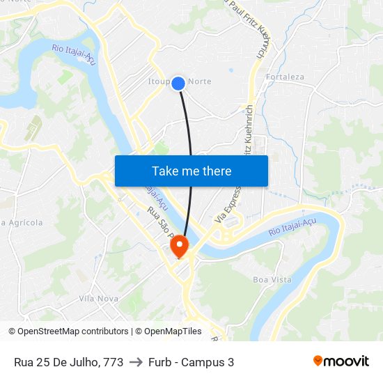 Rua 25 De Julho, 773 to Furb - Campus 3 map