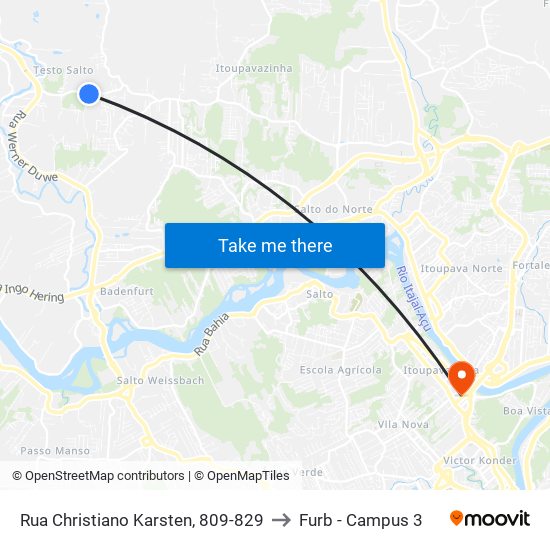 Rua Christiano Karsten, 809-829 to Furb - Campus 3 map