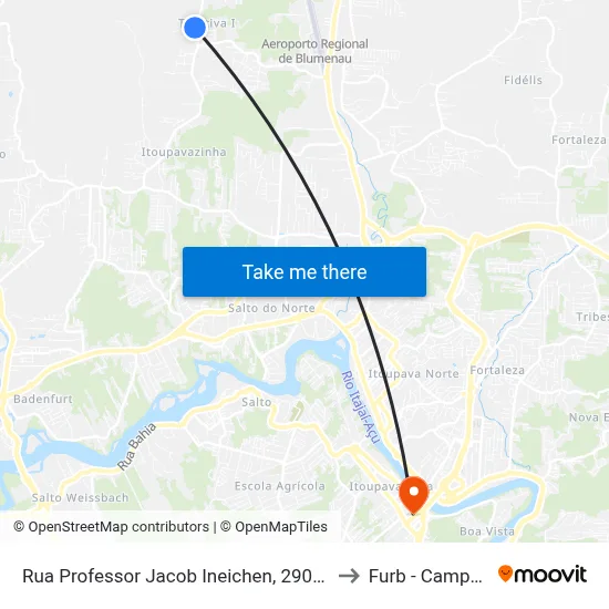 Rua Professor Jacob Ineichen, 2907-2925 to Furb - Campus 3 map