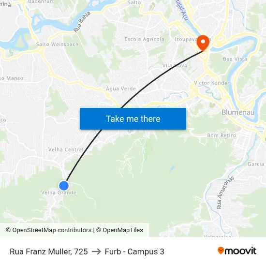 Rua Franz Muller, 725 to Furb - Campus 3 map
