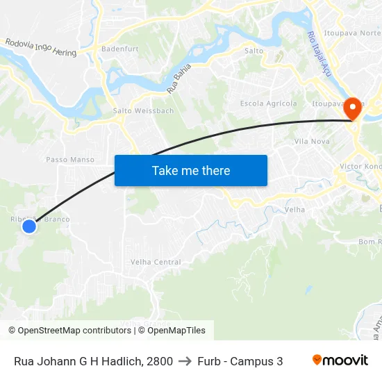 Rua Johann G H Hadlich, 2800 to Furb - Campus 3 map