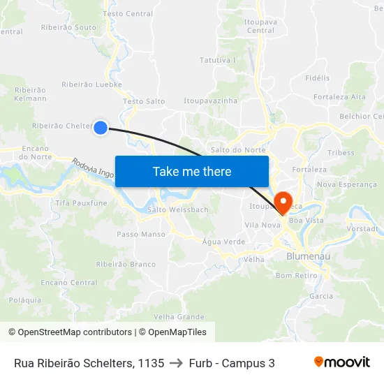 Rua Ribeirão Schelters, 1135 to Furb - Campus 3 map