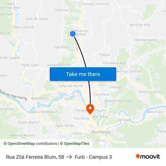 Rua Zilá Ferreira Blum, 58 to Furb - Campus 3 map