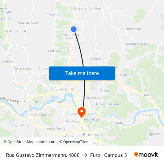 Rua Gustavo Zimmermann, 4888 to Furb - Campus 3 map