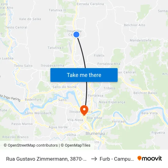 Rua Gustavo Zimmermann, 3870-3946 to Furb - Campus 3 map