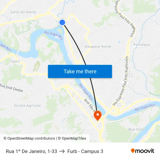 Rua 1º De Janeiro, 1-33 to Furb - Campus 3 map