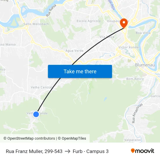 Rua Franz Muller, 299-543 to Furb - Campus 3 map