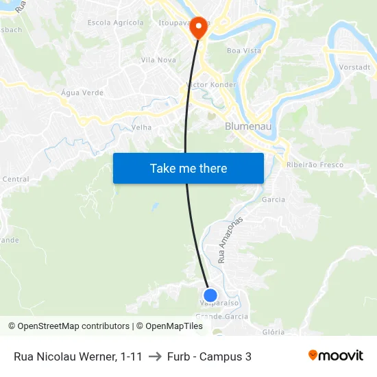 Rua Nicolau Werner, 1-11 to Furb - Campus 3 map