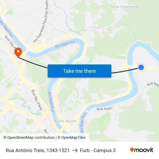 Rua Antônio Treis, 1343-1521 to Furb - Campus 3 map