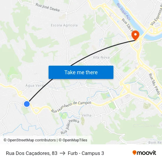Rua Dos Caçadores, 83 to Furb - Campus 3 map
