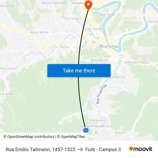 Rua Emílio Tallmann, 1457-1525 to Furb - Campus 3 map