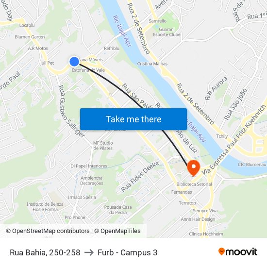 Rua Bahia, 250-258 to Furb - Campus 3 map