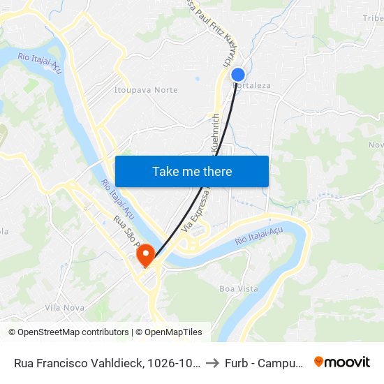 Rua Francisco Vahldieck, 1026-1056 to Furb - Campus 3 map