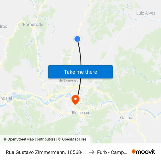 Rua Gustavo Zimmermann, 10568-10884 to Furb - Campus 3 map