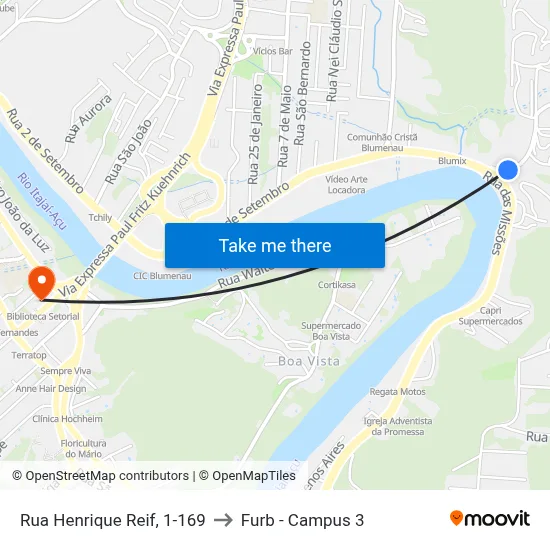 Rua Henrique Reif, 1-169 to Furb - Campus 3 map
