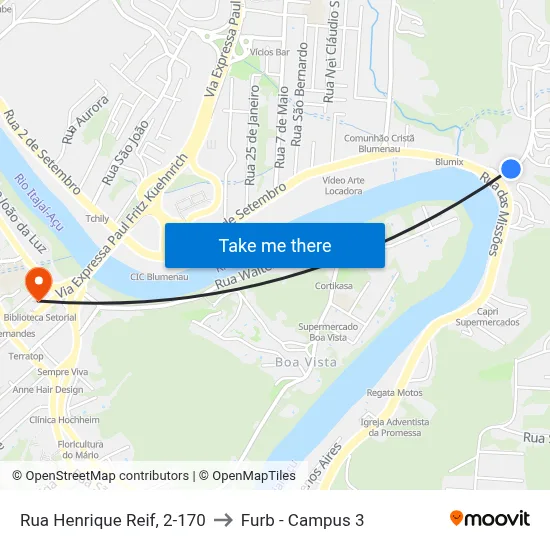 Rua Henrique Reif, 2-170 to Furb - Campus 3 map