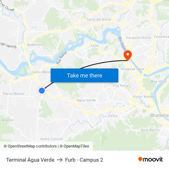 Terminal Água Verde to Furb - Campus 2 map