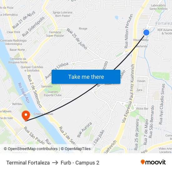 Terminal Fortaleza to Furb - Campus 2 map