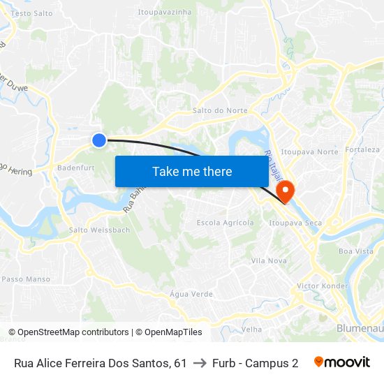 Rua Alice Ferreira Dos Santos, 61 to Furb - Campus 2 map