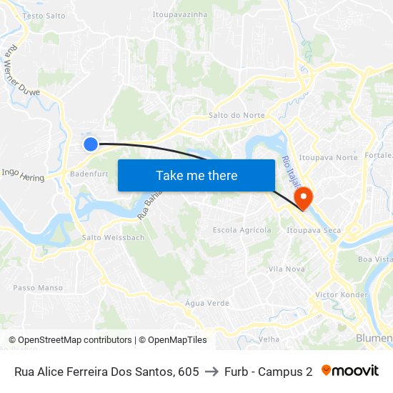 Rua Alice Ferreira Dos Santos, 605 to Furb - Campus 2 map