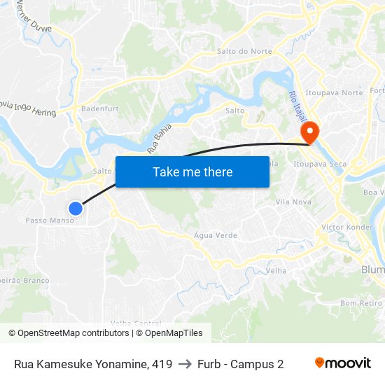 Rua Kamesuke Yonamine, 419 to Furb - Campus 2 map