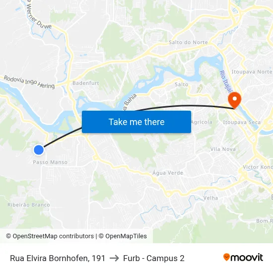 Rua Elvira Bornhofen, 191 to Furb - Campus 2 map