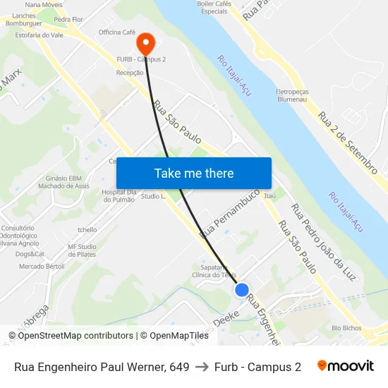 Rua Engenheiro Paul Werner, 649 to Furb - Campus 2 map