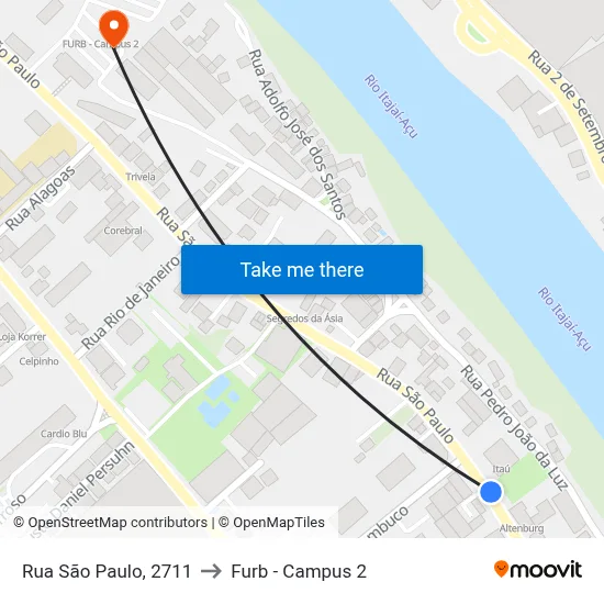 Rua São Paulo, 2711 to Furb - Campus 2 map