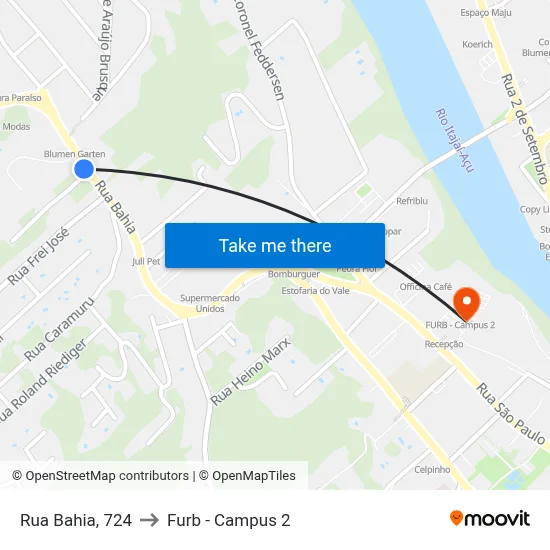 Rua Bahia, 724 to Furb - Campus 2 map