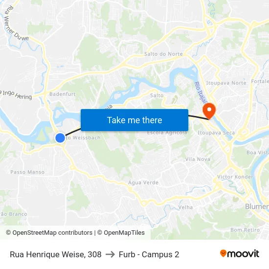 Rua Henrique Weise, 308 to Furb - Campus 2 map