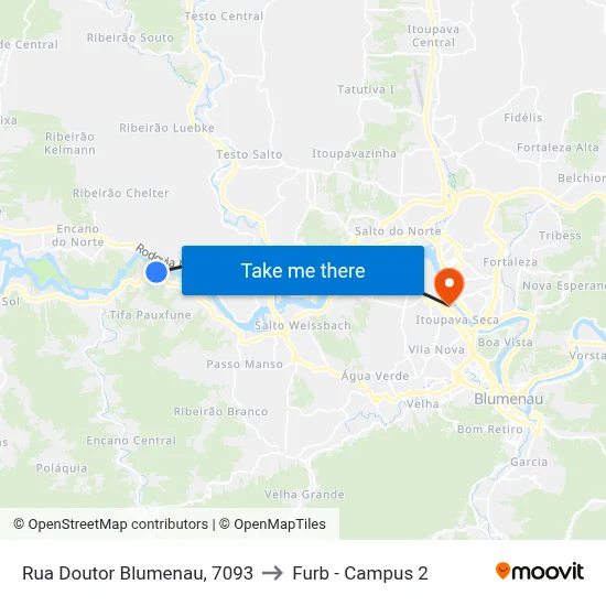 Rua Doutor Blumenau, 7093 to Furb - Campus 2 map