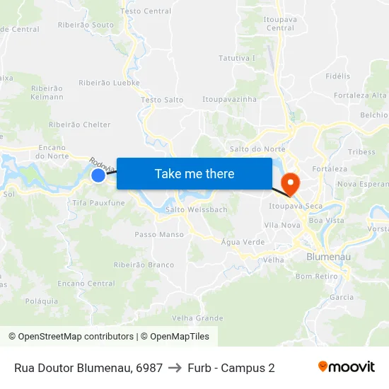 Rua Doutor Blumenau, 6987 to Furb - Campus 2 map