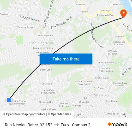 Rua Nicolau Reiter, 92-152 to Furb - Campus 2 map