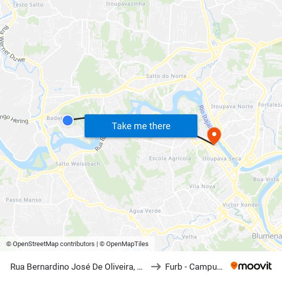 Rua Bernardino José De Oliveira, 629 to Furb - Campus 2 map