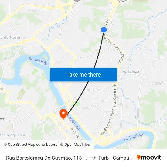 Rua Bartolomeu De Gusmão, 113-175 to Furb - Campus 2 map