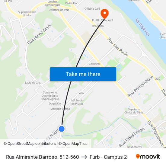 Rua Almirante Barroso, 512-560 to Furb - Campus 2 map
