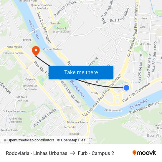 Rodoviária - Linhas Urbanas to Furb - Campus 2 map