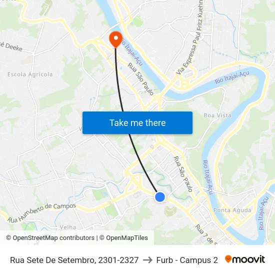 Rua Sete De Setembro, 2301-2327 to Furb - Campus 2 map