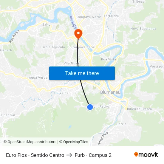 Euro Fios - Sentido Centro to Furb - Campus 2 map