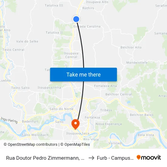 Rua Doutor Pedro Zimmermann, 29 to Furb - Campus 2 map