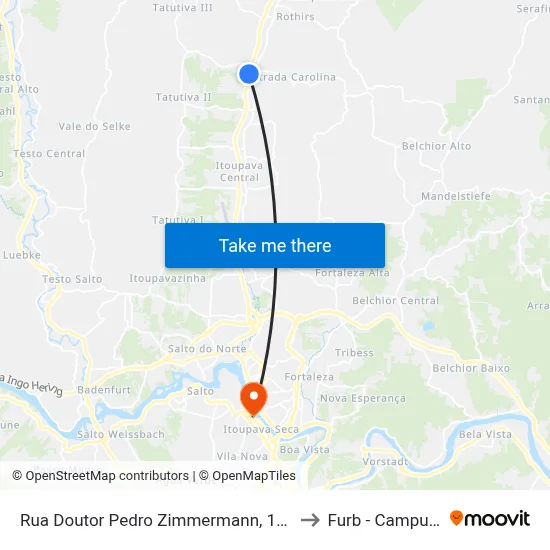 Rua Doutor Pedro Zimmermann, 10139 to Furb - Campus 2 map