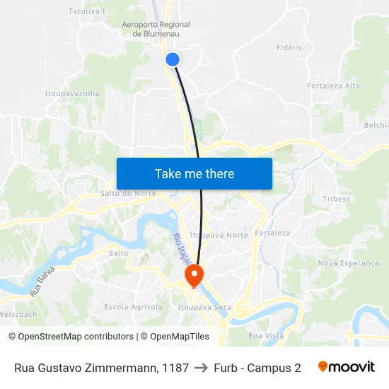 Rua Gustavo Zimmermann, 1187 to Furb - Campus 2 map