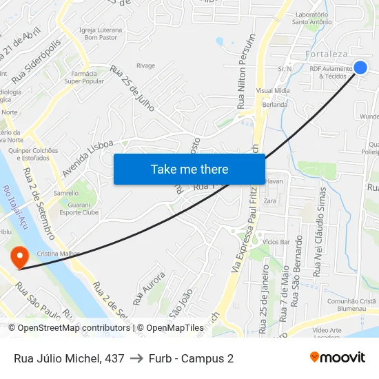 Rua Júlio Michel, 437 to Furb - Campus 2 map