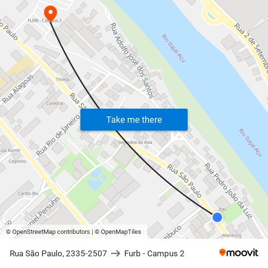 Rua São Paulo, 2335-2507 to Furb - Campus 2 map
