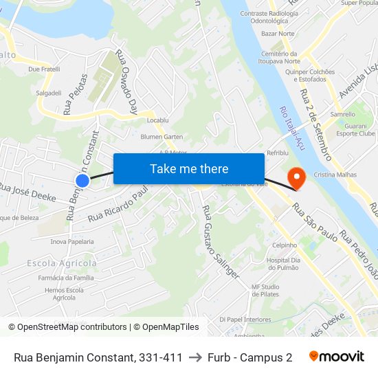 Rua Benjamin Constant, 331-411 to Furb - Campus 2 map