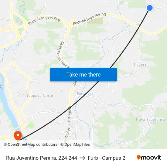 Rua Juventino Pereira, 224-244 to Furb - Campus 2 map