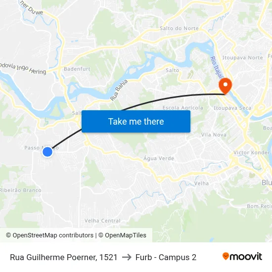 Rua Guilherme Poerner, 1521 to Furb - Campus 2 map