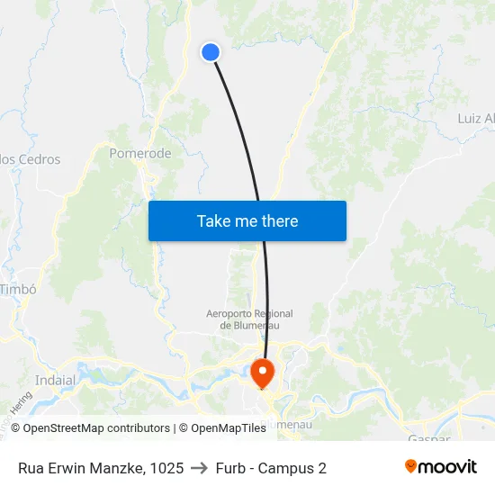 Rua Erwin Manzke, 1025 to Furb - Campus 2 map