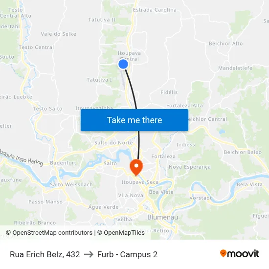 Rua Erich Belz, 432 to Furb - Campus 2 map