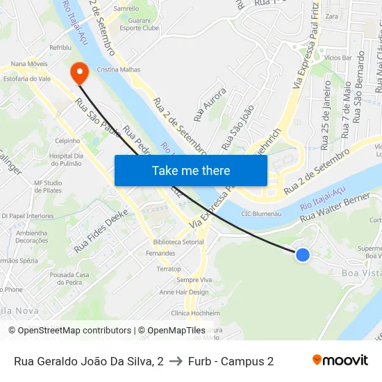 Rua Geraldo João Da Silva, 2 to Furb - Campus 2 map